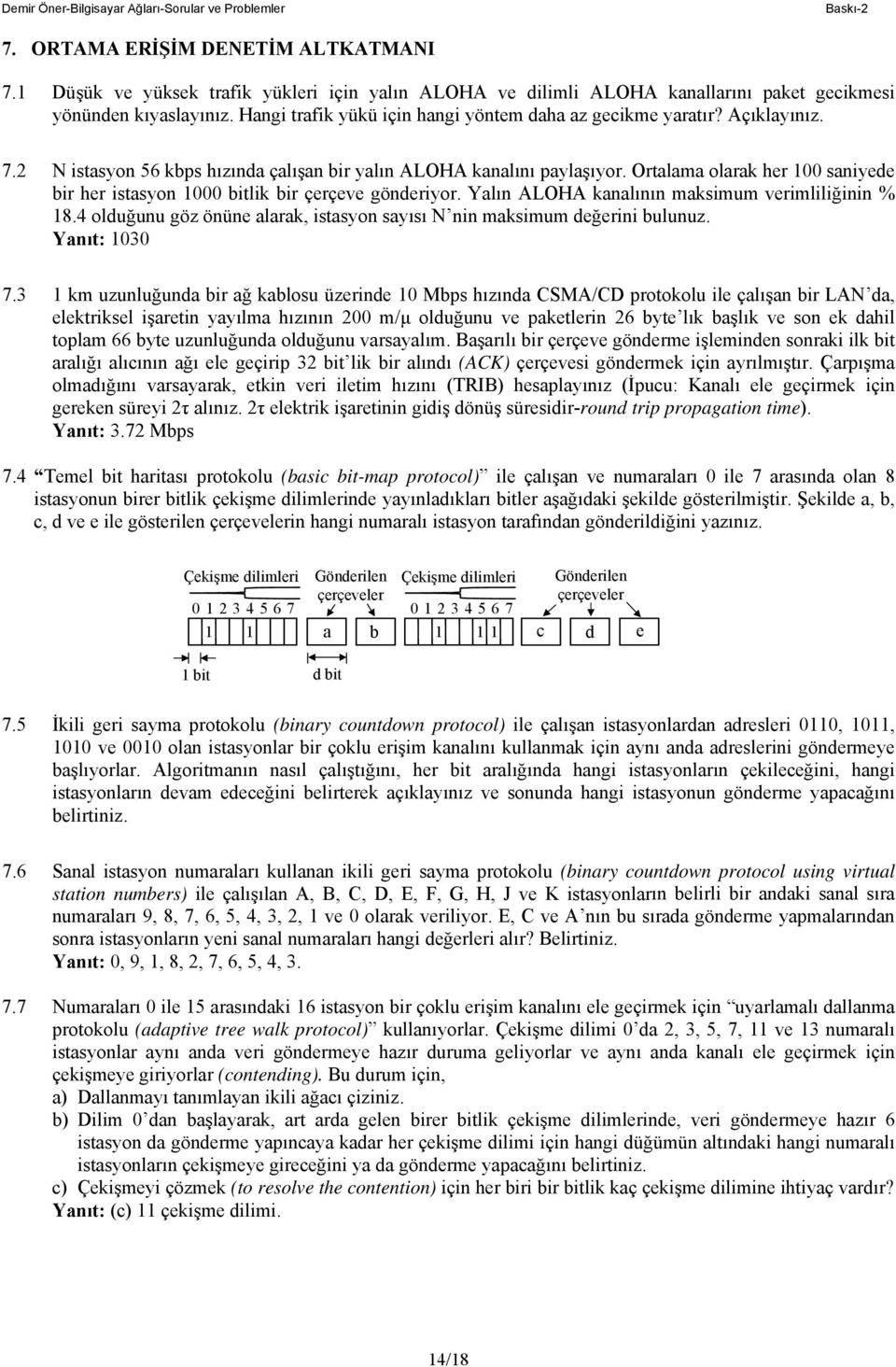 Ortalama olarak her 00 saniyede bir her istasyon 000 bitlik bir çerçeve gönderiyor. Yalın ALOHA kanalının maksimum verimliliğinin % 8.