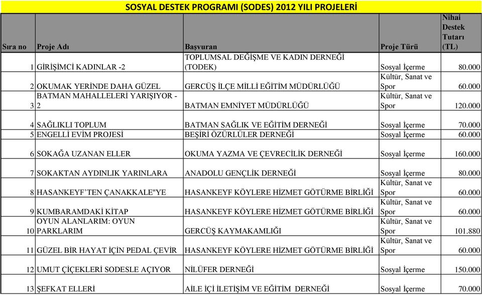 000 4 SAĞLIKLI TOPLUM BATMAN SAĞLIK VE EĞİTİM DERNEĞİ Sosyal İçerme 70.000 5 ENGELLİ EVİM PROJESİ BEŞİRİ ÖZÜRLÜLER DERNEĞİ Sosyal İçerme 60.