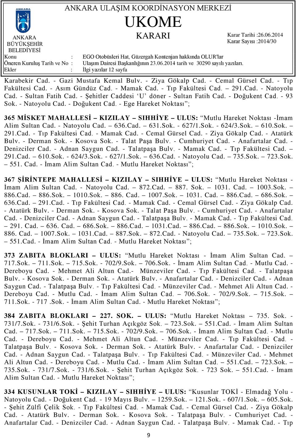 - Natoyolu Cad. 636.Cad. 631.Sok. - 627/1.Sok. - 624/3.Sok. 610.Sok. 291.Cad. - Tıp Fakültesi Cad. - Mamak Cad. - Cemal Gürsel Cad. - Ziya Gökalp Cad. - Atatürk Bulv. - Derman Sok. - Kosova Sok.