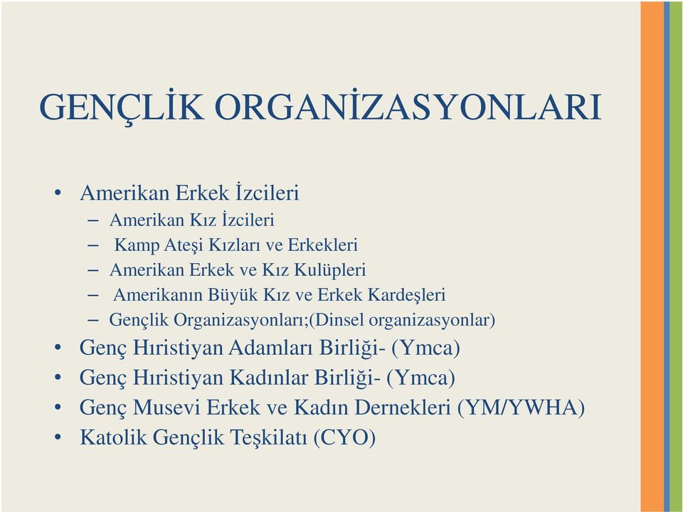 Organizasyonları;(Dinsel organizasyonlar) Genç Hıristiyan Adamları Birliği- (Ymca) Genç