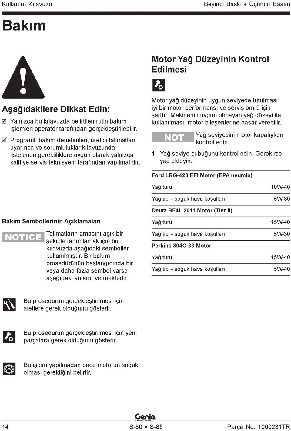 Programlı bakım denetimleri, üretici talimatları uyarınca ve sorumluluklar kılavuzunda listelenen gerekliliklere uygun olarak yalnızca kalifiye servis teknisyeni tarafından yapılmalıdır.