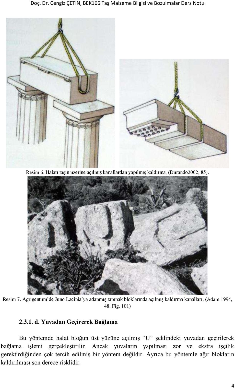 Juno Lacinia ya adanmış tapınak bloklarında açılmış kaldırma kanalları, (Adam 1994, 48, Fig. 101) 2.3.1. d.