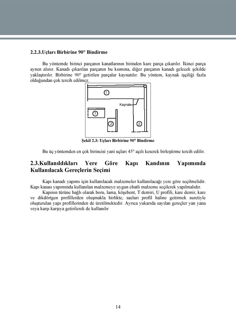 Şekil 2.3: Uçları Birbirine 90 Bindirme Bu üç yöntemden en çok birincisi yani uçları 45 açılı keserek birleştirme tercih edilir. 2.3.Kullanıldıkları Yere Göre Kapı Kandının Yapımında Kullanılacak Gereçlerin Seçimi Kapı kanadı yapımı için kullanılacak malzemeler kullanılacağı yere göre seçilmelidir.