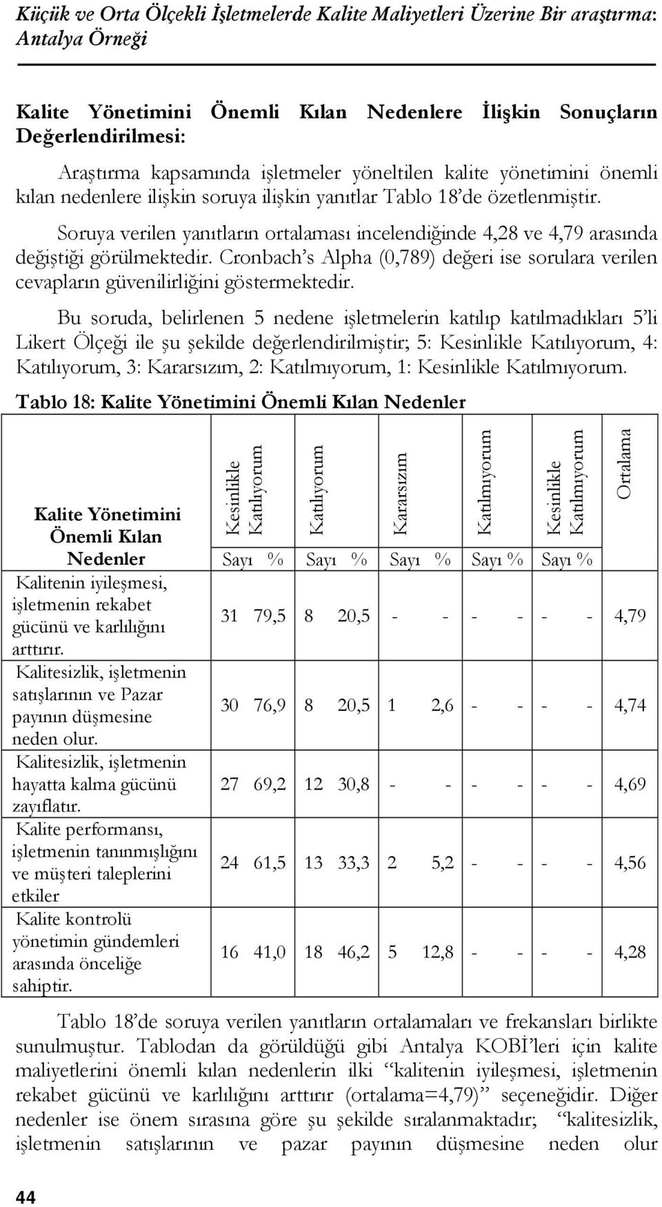 Cronbach s Alpha (0,789) değeri ise sorulara verilen cevapların güvenilirliğini göstermektedir.