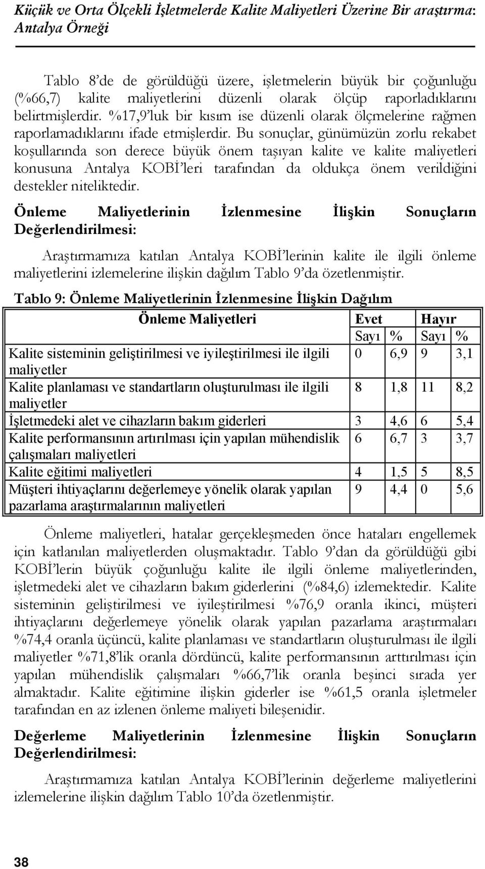 Bu sonuçlar, günümüzün zorlu rekabet koşullarında son derece büyük önem taşıyan kalite ve kalite maliyetleri konusuna Antalya KOBİ leri tarafından da oldukça önem verildiğini destekler niteliktedir.