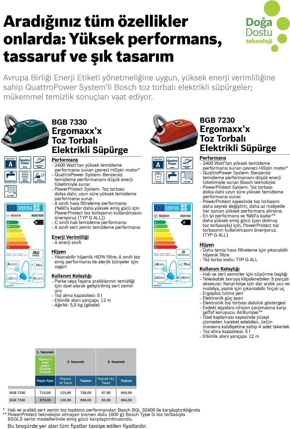 BGB7330 28,0 kwh/yıl 75dB BGB 7330 Ergomaxx x Toz Torbalı Elektrikli Süpürge 2400 Watt tan yüksek temizleme performansı sunan çevreci HiSpin motor* QuattroPower System: Benzersiz temizleme