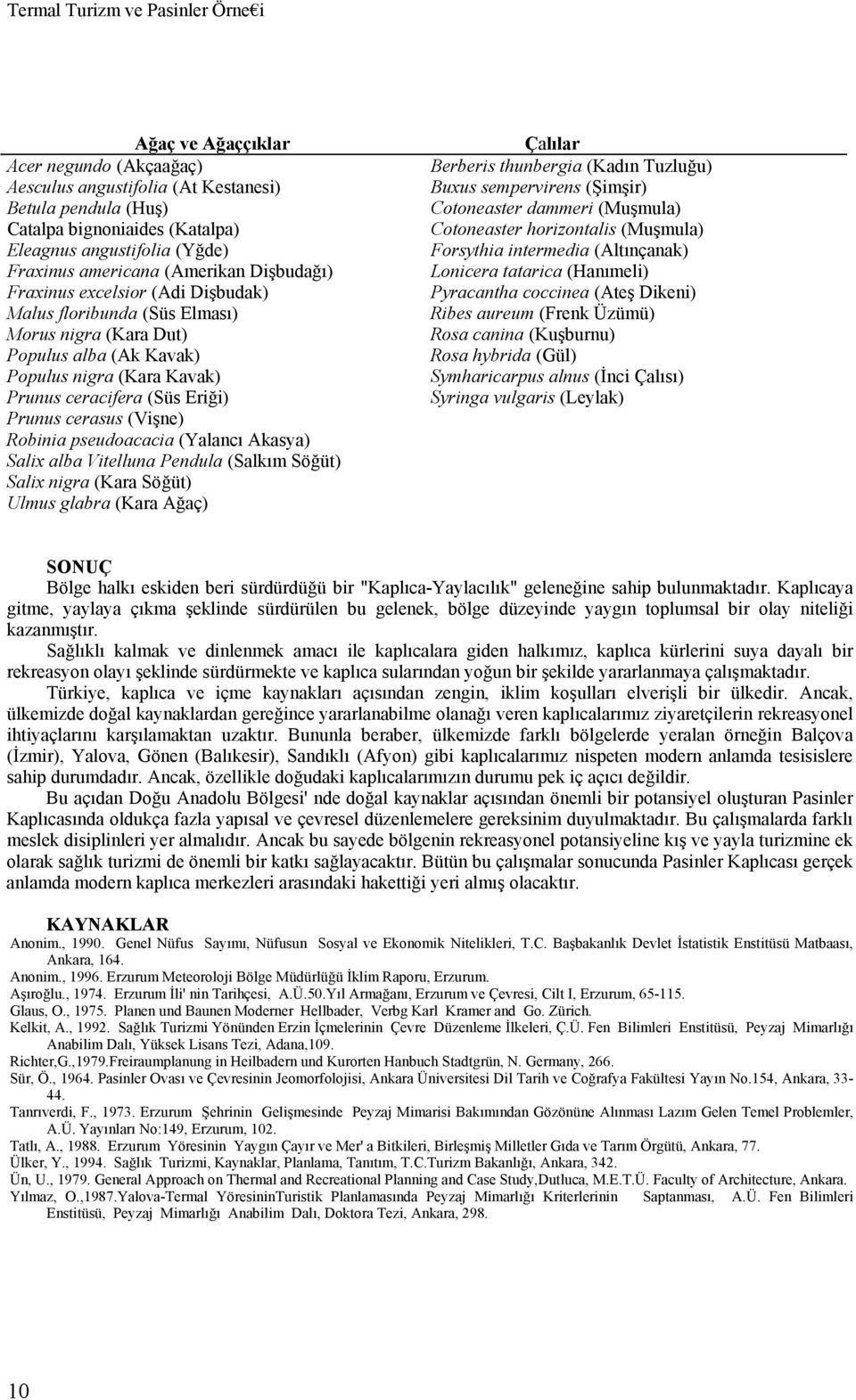 (Süs Eriği) Prunus cerasus (Vişne) Robinia pseudoacacia (Yalancı Akasya) Salix alba Vitelluna Pendula (Salkım Söğüt) Salix nigra (Kara Söğüt) Ulmus glabra (Kara Ağaç) Çalılar Berberis thunbergia