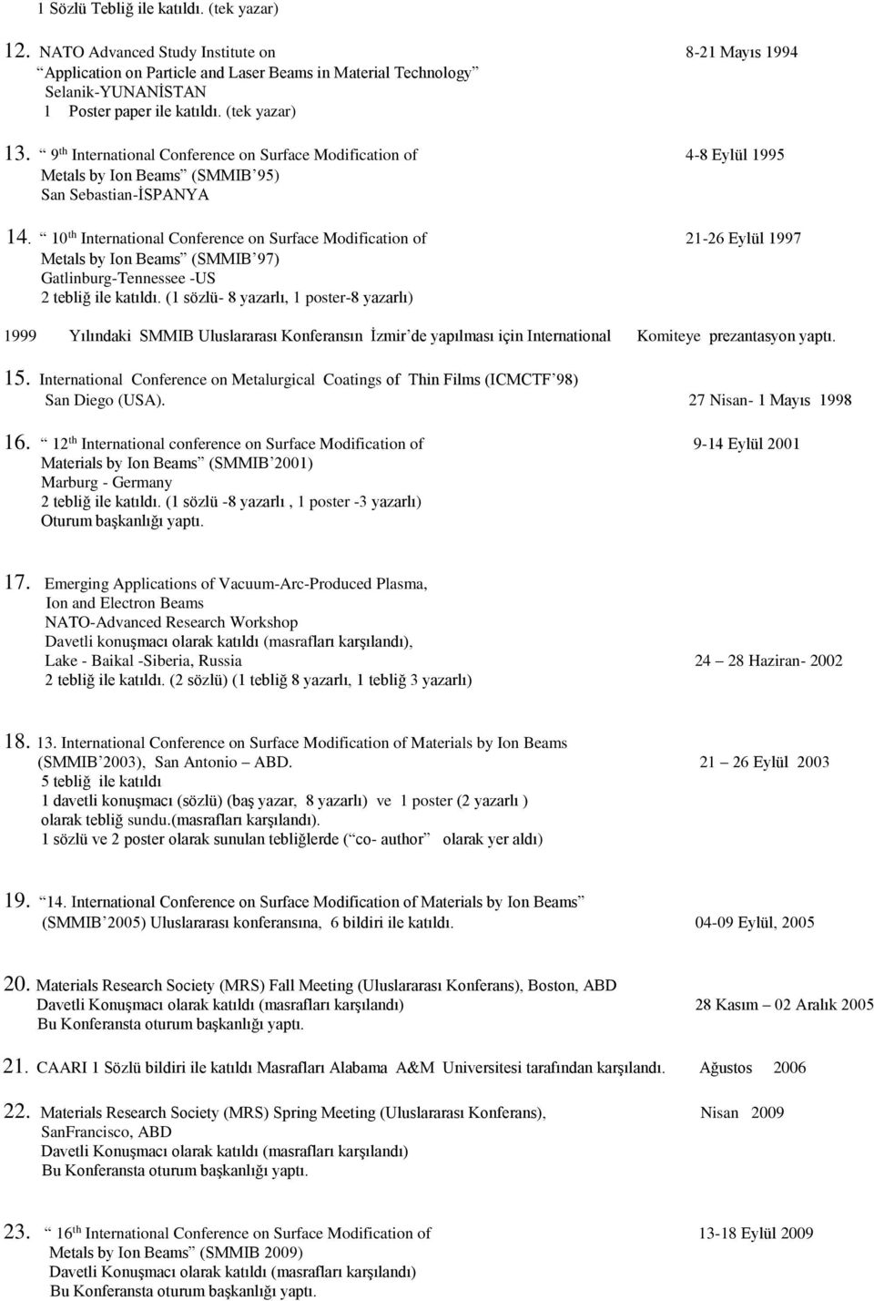 9 th International Conference on Surface Modification of 4-8 Eylül 1995 Metals by Ion Beams (SMMIB 95) San Sebastian-İSPANYA 14.