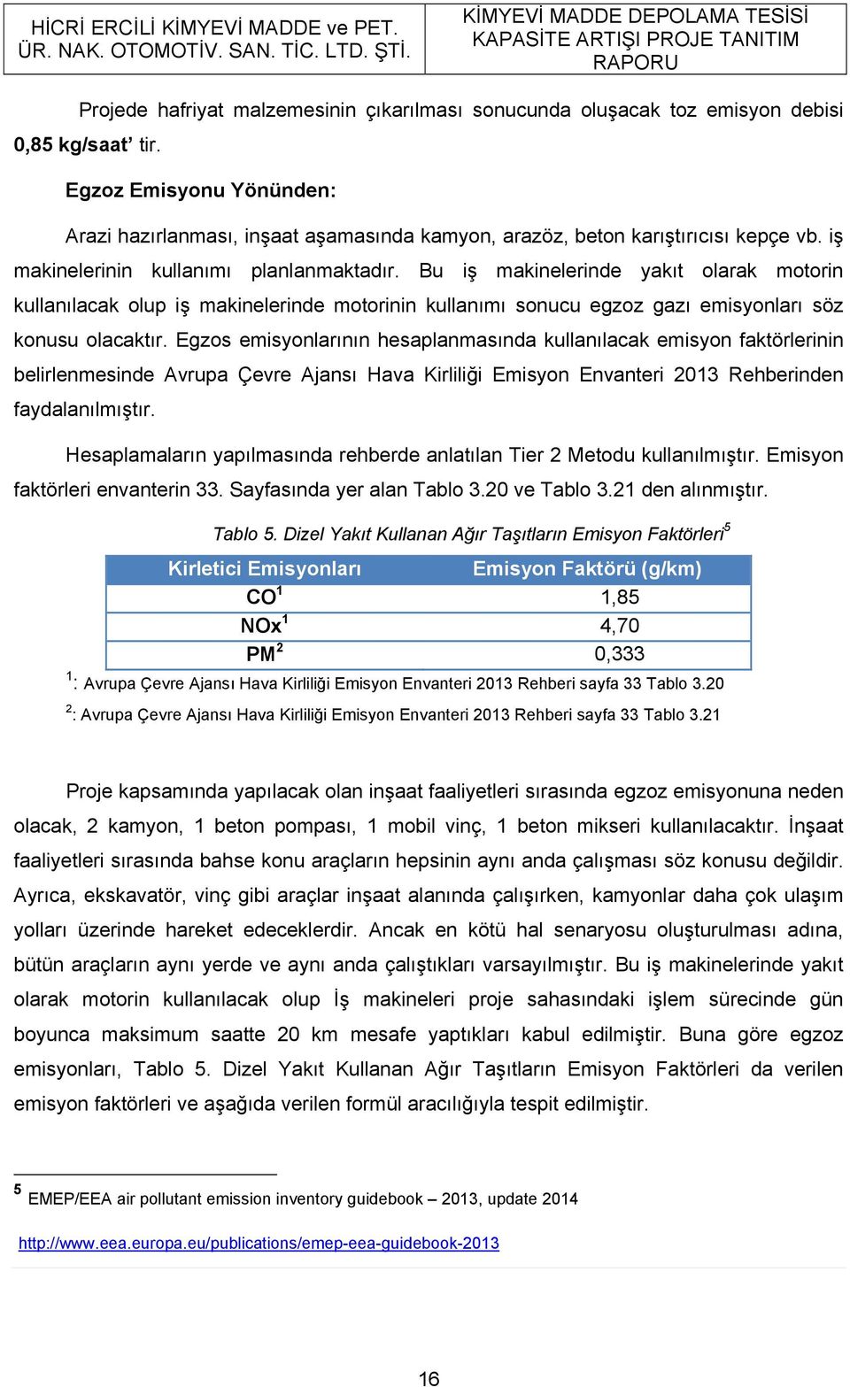 Egzoz Emisyonu Yönünden: Arazi hazırlanması, inşaat aşamasında kamyon, arazöz, beton karıştırıcısı kepçe vb. iş makinelerinin kullanımı planlanmaktadır.