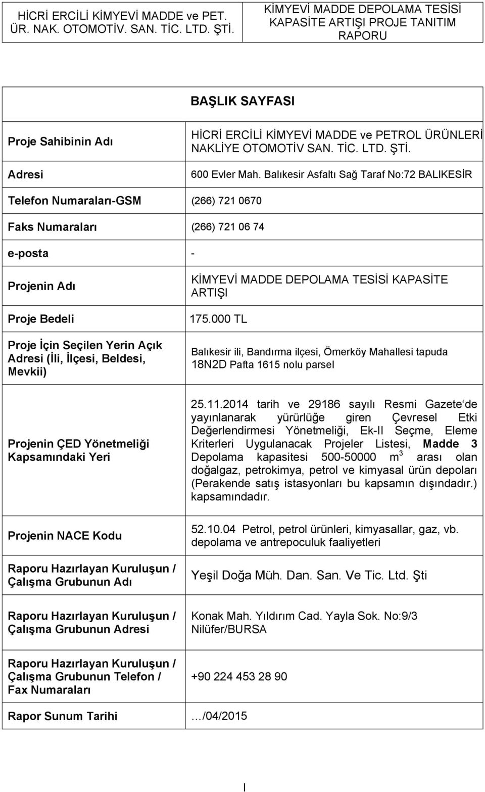 Balıkesir Asfaltı Sağ Taraf No:72 BALIKESİR Telefon Numaraları-GSM (266) 721 0670 Faks Numaraları (266) 721 06 74 e-posta - Projenin Adı Proje Bedeli Proje İçin Seçilen Yerin Açık Adresi (İli,