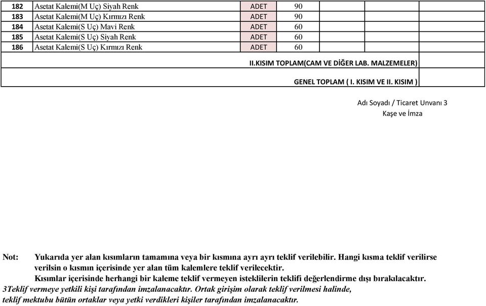 KISIM ) Adı Soyadı / Ticaret Unvanı 3 Kaşe ve İmza Not: Yukarıda yer alan kısımların tamamına veya bir kısmına ayrı ayrı teklif verilebilir.