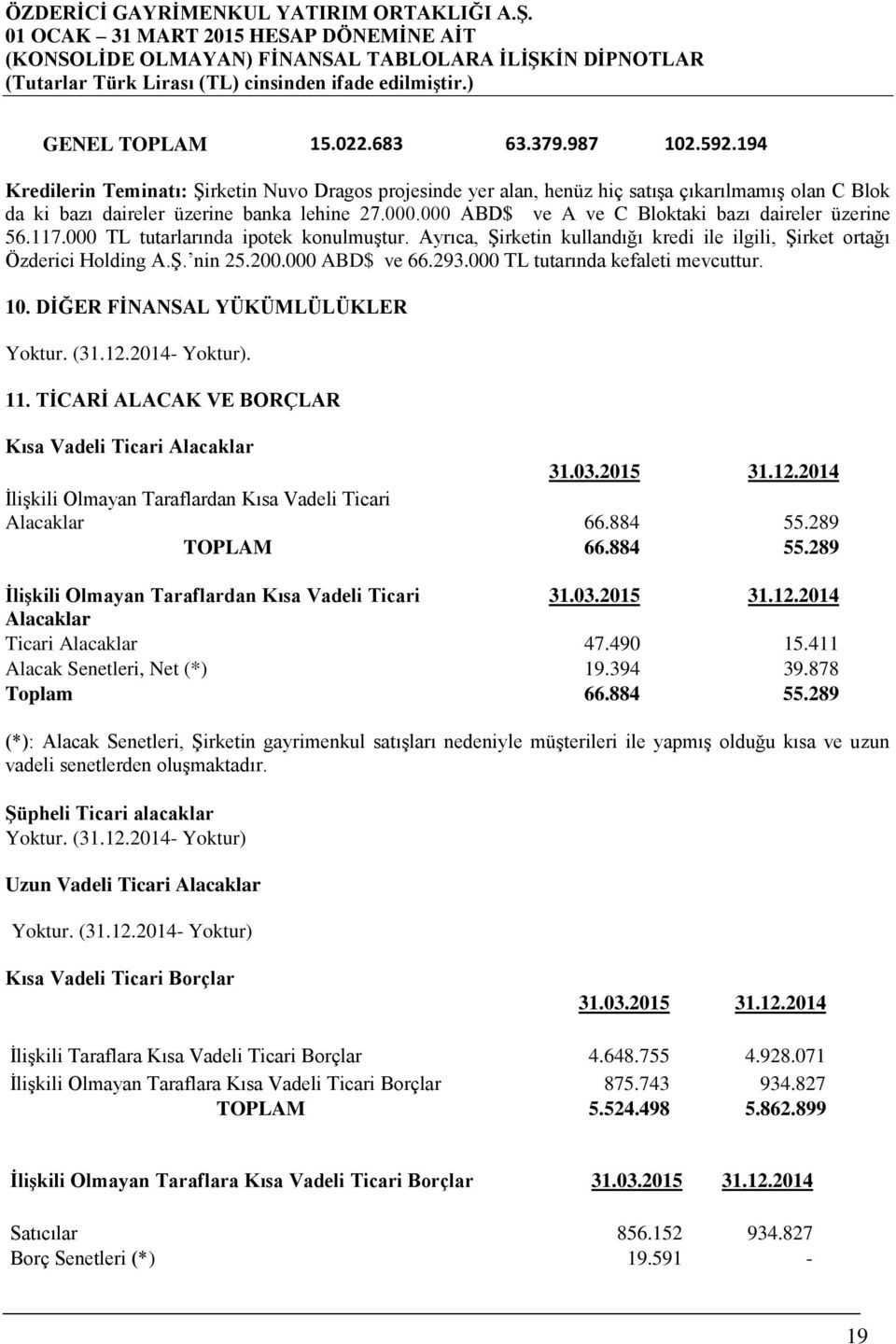 000 ABD$ ve 66.293.000 TL tutarında kefaleti mevcuttur. 10. DĠĞER FĠNANSAL YÜKÜMLÜLÜKLER Yoktur. (31.12.2014- Yoktur). 11.