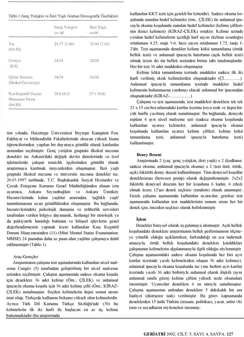 Genç yetişkin gruptaki ilkokul mezunu denekler ise Ankara'daki değişik devlet dairelerinde ve özel işletmelerde çalışan temizlik işçilerinden gönüllü olarak araştırmaya katılmak isteyenlerden