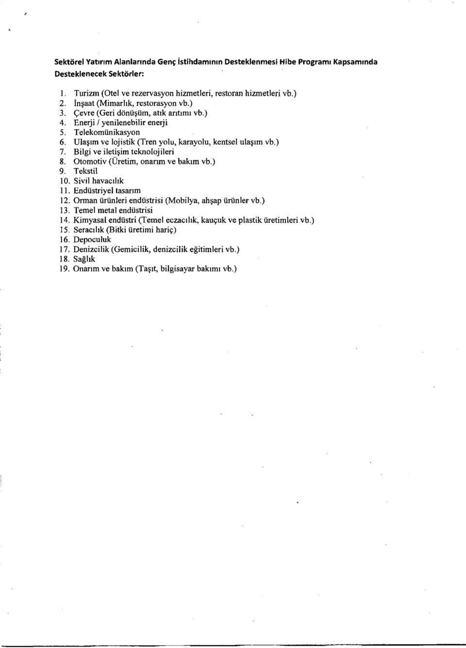 Bilgi ve iletişim teknolojileri 8. Otomotiv (Üretim, onarım ve bakım vb.) 9. Tekstil 10. Sivil havacılık 11. Endüstriyel tasarım 12. Orman ürünleri endüstrisi (Mobilya, ahşap ürünler vb.) 13.