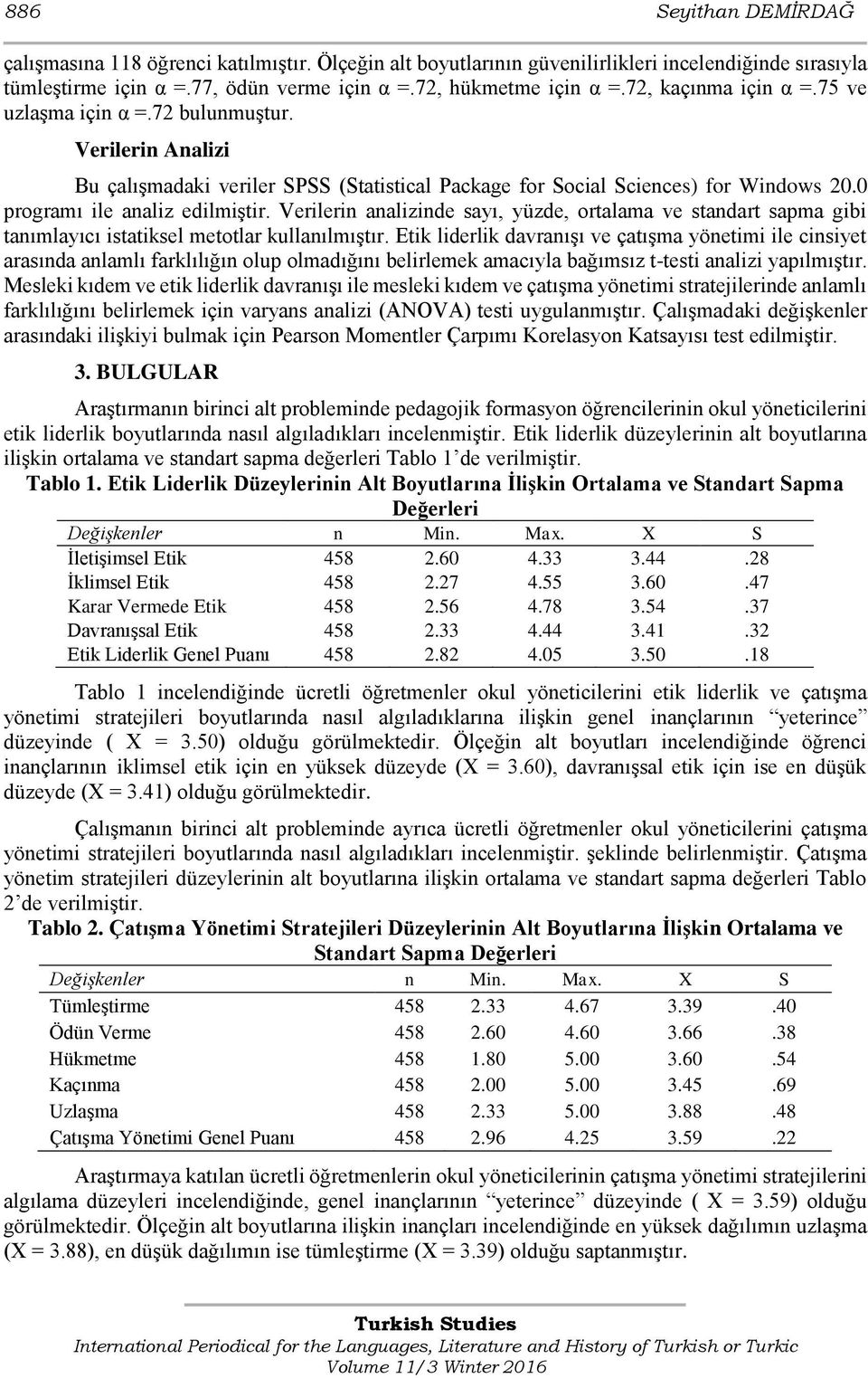 Verilerin analizinde sayı, yüzde, ortalama ve standart sapma gibi tanımlayıcı istatiksel metotlar kullanılmıştır.