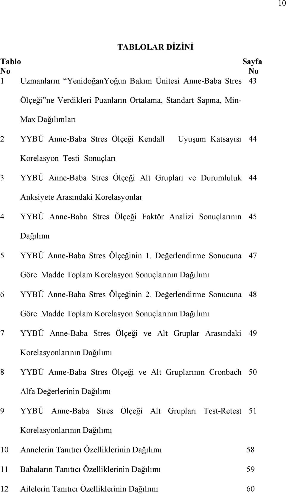 Analizi Sonuçlarının 45 Dağılımı 5 YYBÜ Anne-Baba Stres Ölçeğinin 1. Değerlendirme Sonucuna 47 Göre Madde Toplam Korelasyon Sonuçlarının Dağılımı 6 YYBÜ Anne-Baba Stres Ölçeğinin 2.