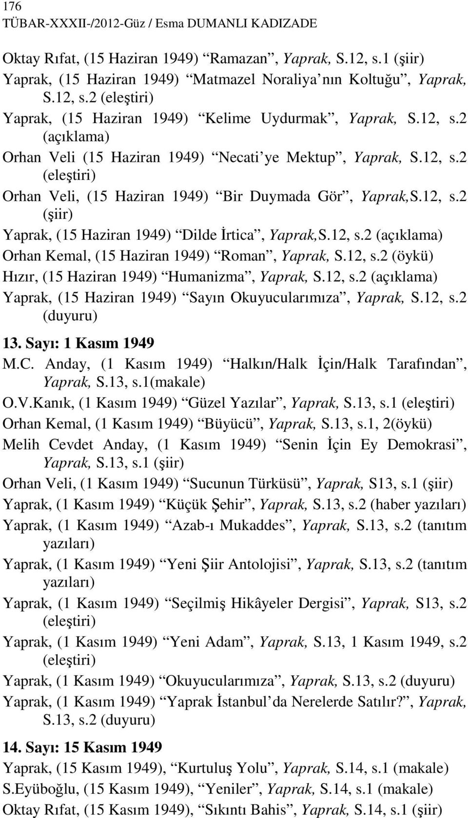 12, s.2 (açıklama) Orhan Kemal, (15 Haziran 1949) Roman, Yaprak, S.12, s.2 (öykü) Hızır, (15 Haziran 1949) Humanizma, Yaprak, S.12, s.2 (açıklama) Yaprak, (15 Haziran 1949) Sayın Okuyucularımıza, Yaprak, S.