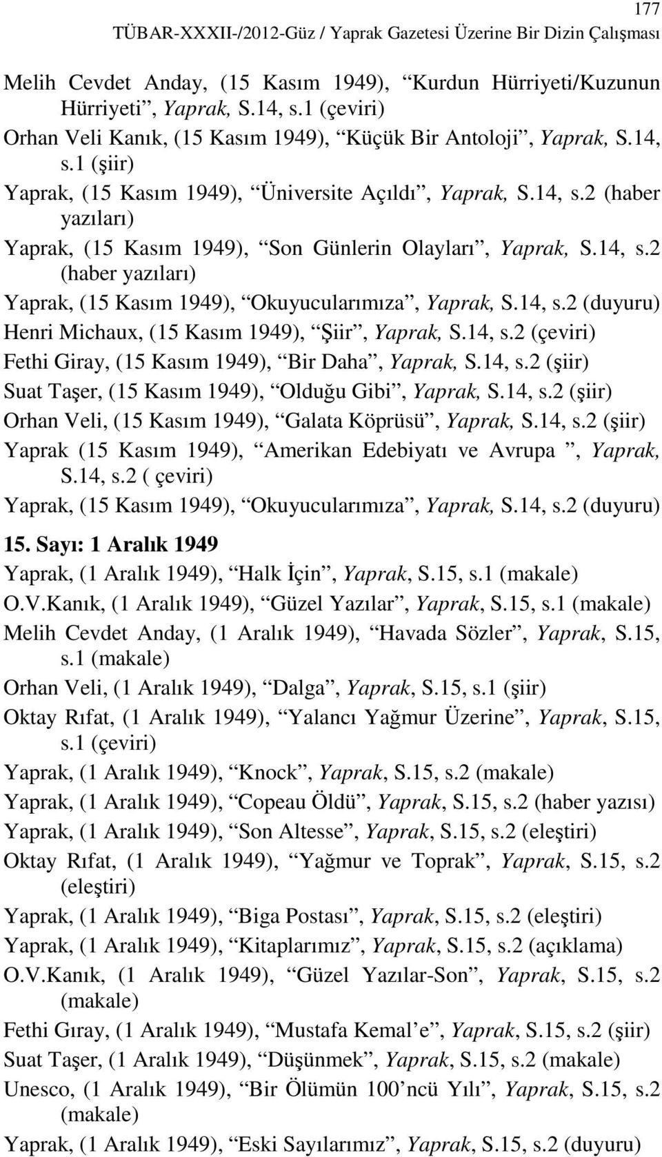 14, s.2 (haber yazıları) Yaprak, (15 Kasım 1949), Okuyucularımıza, Yaprak, S.14, s.2 (duyuru) Henri Michaux, (15 Kasım 1949), Şiir, Yaprak, S.14, s.2 (çeviri) Fethi Giray, (15 Kasım 1949), Bir Daha, Yaprak, S.