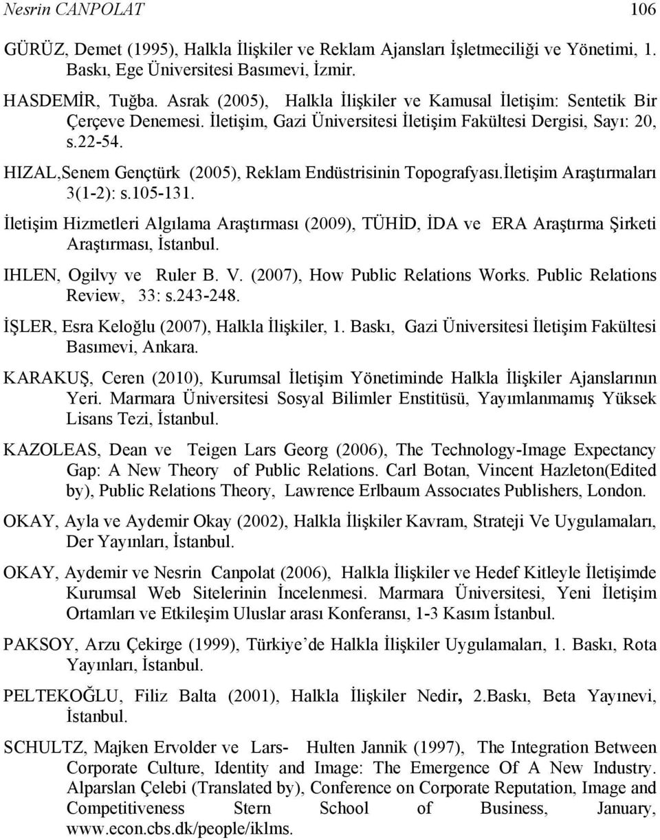 HIZAL,Senem Gençtürk (2005), Reklam Endüstrisinin Topografyası.İletişim Araştırmaları 3(1-2): s.105-131.