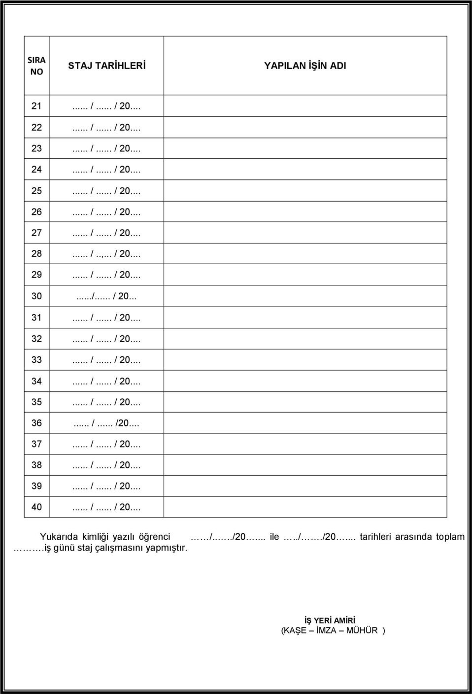 .. /... / 20... 36... /... /20... 37... /... / 20... 38... /... / 20... 39... /... / 20... 40... /... / 20... Yukarıda kimliği yazılı öğrenci /.