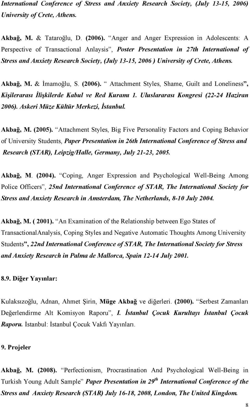 Crete, Athens. Akbağ, M. & İmamoğlu, S. (2006). Attachment Styles, Shame, Guilt and Loneliness, Kişilerarası İlişkilerde Kabul ve Red Kuramı 1. Uluslararası Kongresi (22-24 Haziran 2006).