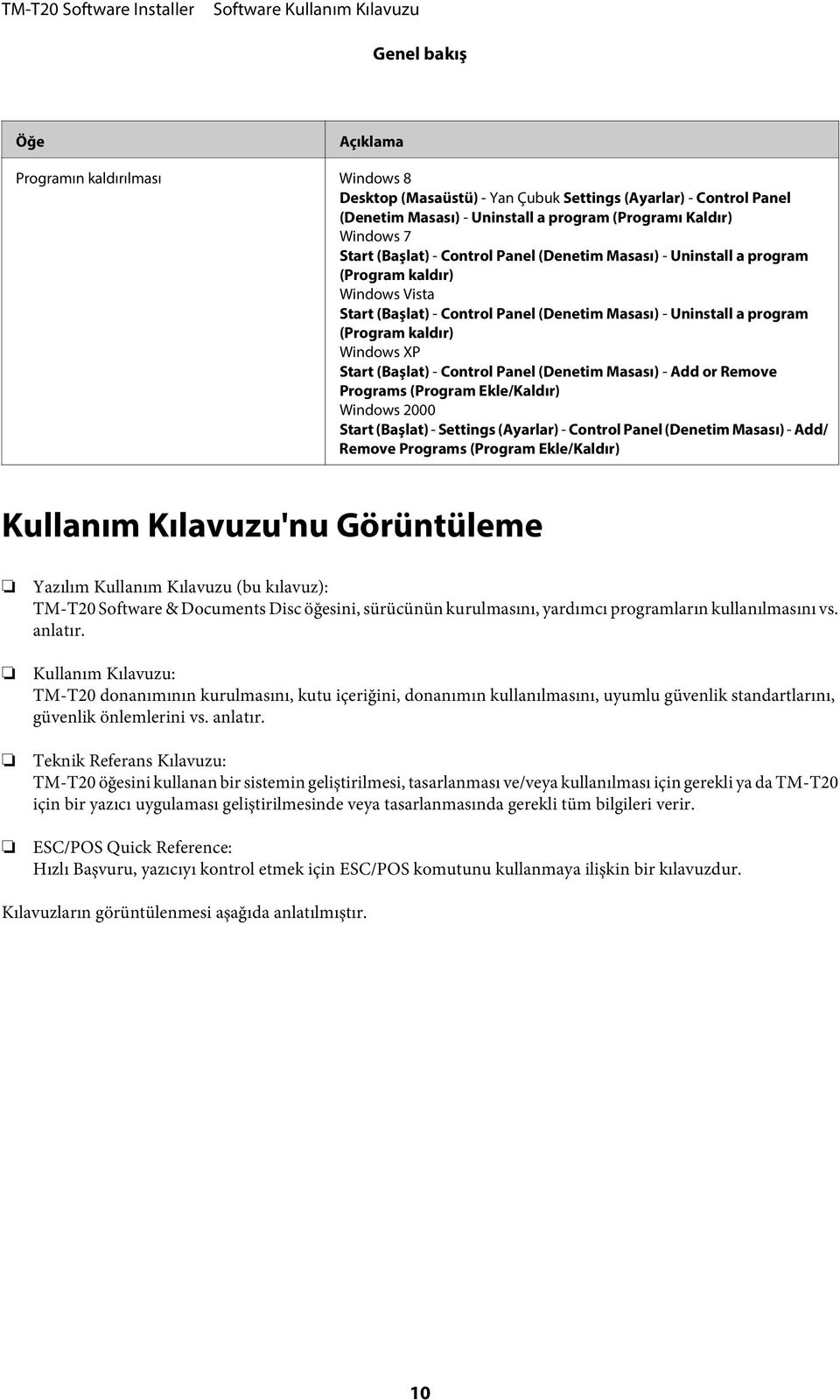 (Başlat) - Control Panel (Denetim Masası) - Add or Remove Programs (Program Ekle/Kaldır) Windows 2000 Start (Başlat) - Settings (Ayarlar) - Control Panel (Denetim Masası) - Add/ Remove Programs