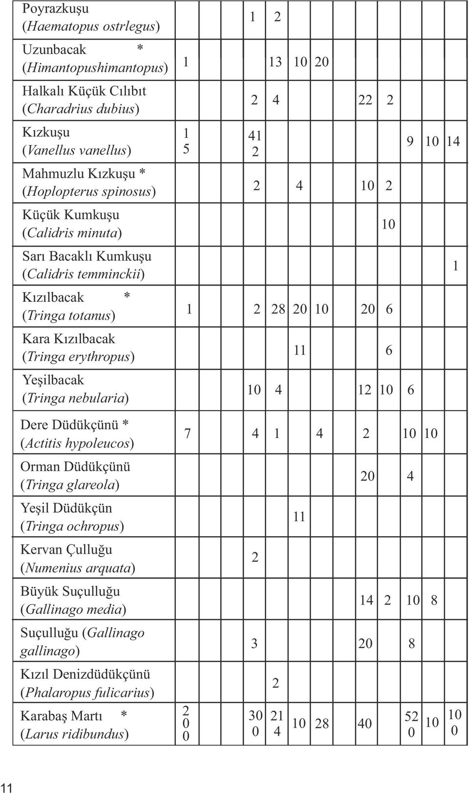 Orman Düdükçünü (Tringa glareola) Yeşil Düdükçün (Tringa ochropus) Kervan Çulluğu (Numenius arquata) Büyük Suçulluğu (Gallinago media) Suçulluğu (Gallinago gallinago) Kızıl Denizdüdükçünü (Phalaropus