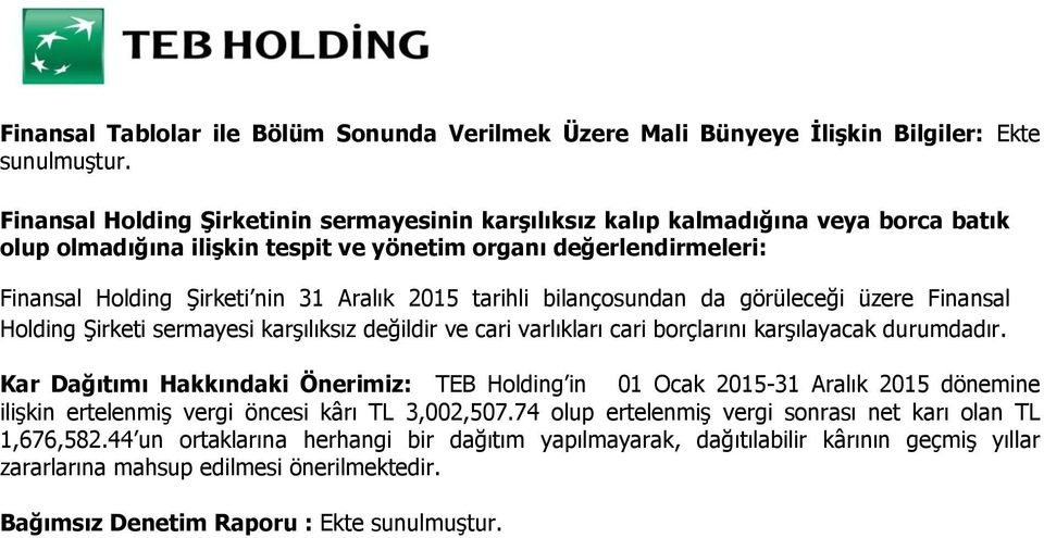 tarihli bilançosundan da görüleceği üzere Finansal Holding Şirketi sermayesi karşılıksız değildir ve cari varlıkları cari borçlarını karşılayacak durumdadır.