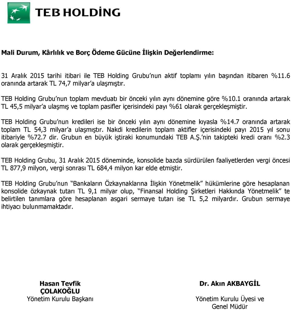 1 oranında artarak TL 45,5 milyar a ulaşmış ve toplam pasifler içerisindeki payı %61 olarak gerçekleşmiştir. TEB Holding Grubu nun kredileri ise bir önceki yılın aynı dönemine kıyasla %14.