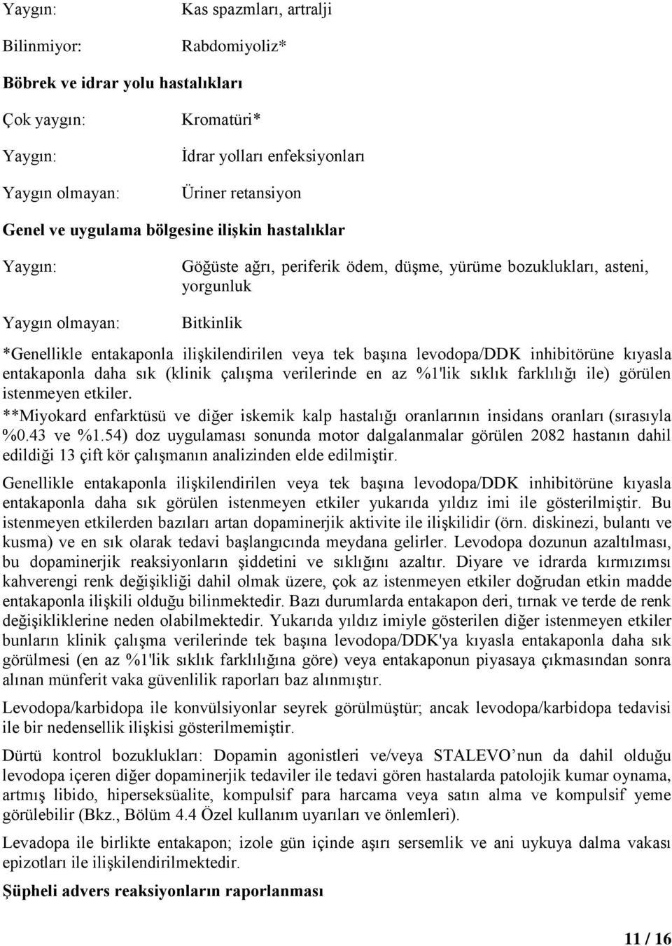 entakaponla daha sık (klinik çalışma verilerinde en az %1'lik sıklık farklılığı ile) görülen istenmeyen etkiler.