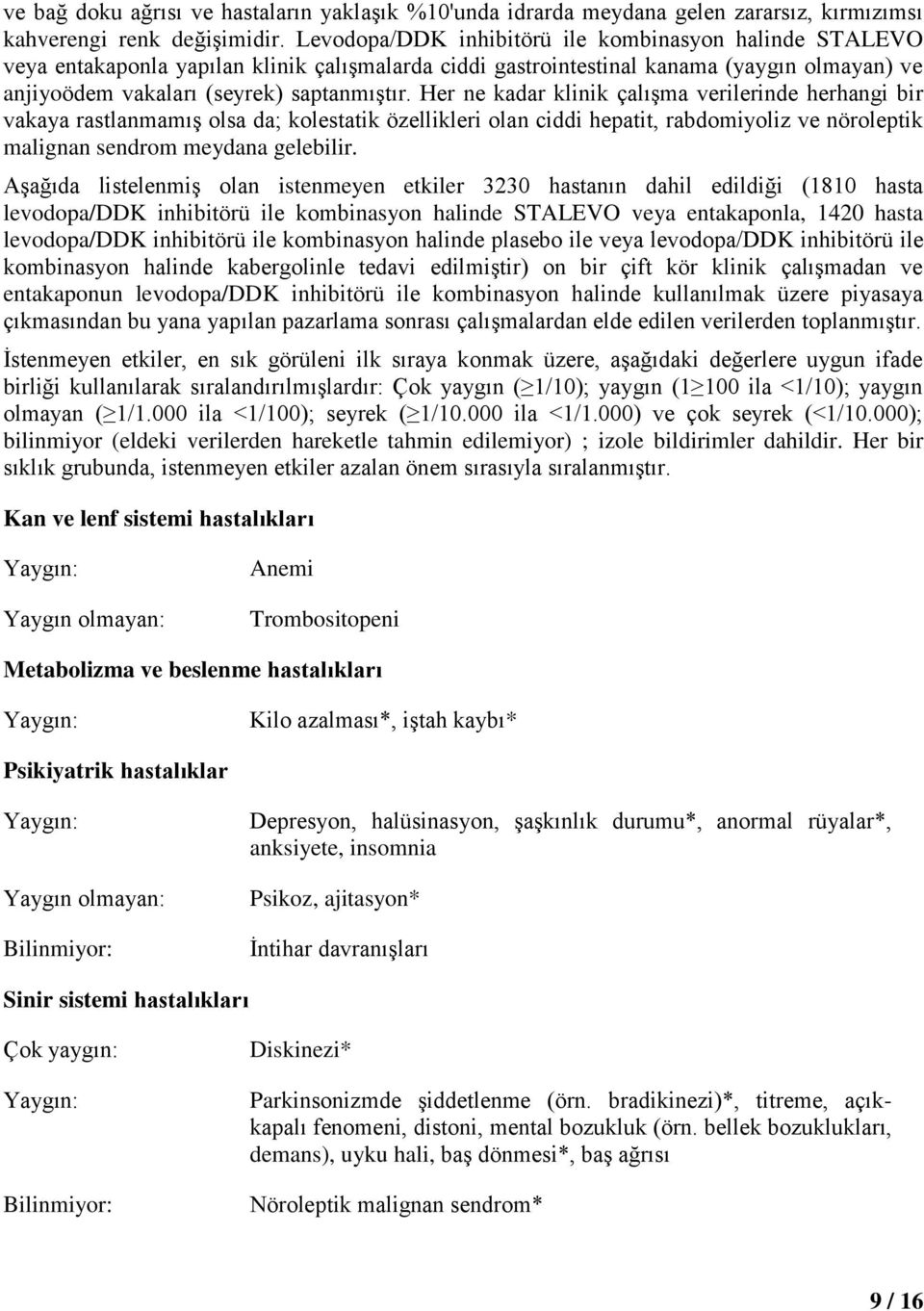 Her ne kadar klinik çalışma verilerinde herhangi bir vakaya rastlanmamış olsa da; kolestatik özellikleri olan ciddi hepatit, rabdomiyoliz ve nöroleptik malignan sendrom meydana gelebilir.