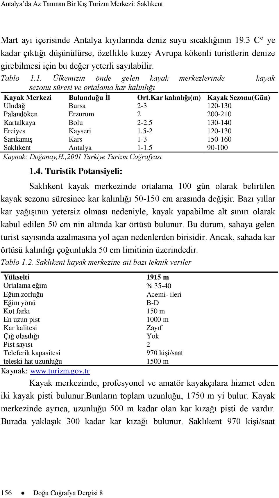 1. Ülkemizin önde gelen kayak merkezlerinde kayak sezonu süresi ve ortalama kar kalınlığı Kayak Merkezi Bulunduğu İl Ort.