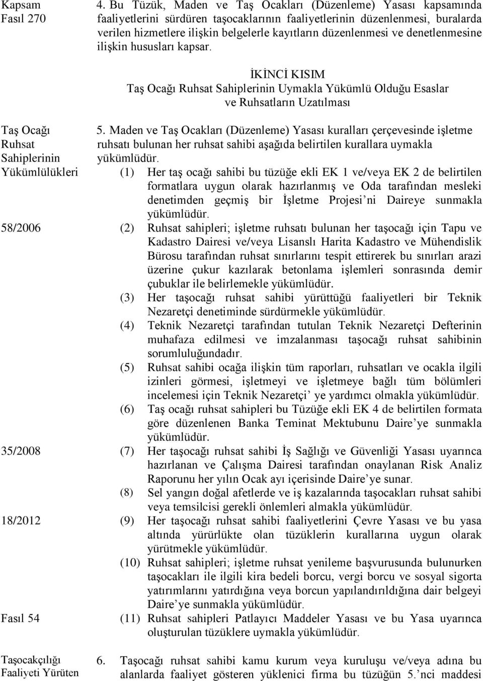 düzenlenmesi ve denetlenmesine ilişkin hususları kapsar. Taş Ocağı Ruhsat Sahiplerinin İKİNCİ KISIM Taş Ocağı Ruhsat Sahiplerinin Uymakla Yükümlü Olduğu Esaslar ve Ruhsatların Uzatılması 5.