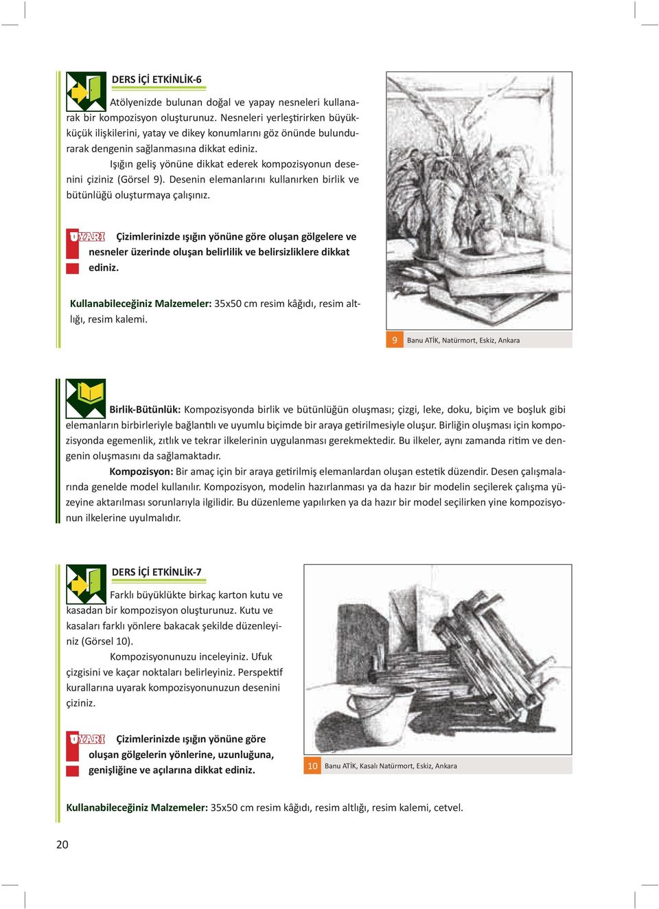 Işığın geliş yönüne dikkat ederek kompozisyonun desenini çiziniz (Görsel 9). Desenin elemanlarını kullanırken birlik ve bütünlüğü oluşturmaya çalışınız.