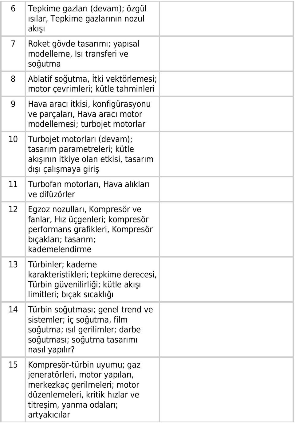 etkisi, tasarım dışı çalışmaya giriş 11 Turbofan motorları, Hava alıkları ve difüzörler 12 Egzoz nozulları, Kompresör ve fanlar, Hız üçgenleri; kompresör performans grafikleri, Kompresör bıçakları;