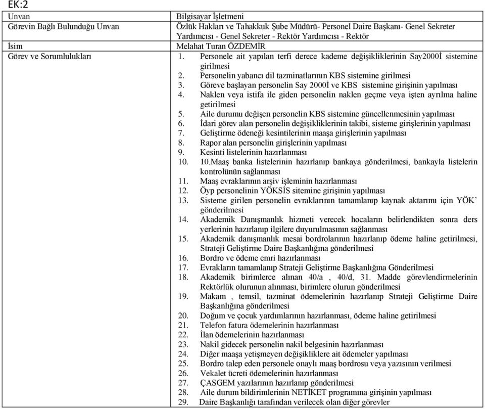 Naklen veya istifa ile giden personelin naklen geçme veya işten ayrılma haline getirilmesi 5. Aile durumu değişen personelin KBS sistemine güncellenmesinin yapılması 6.