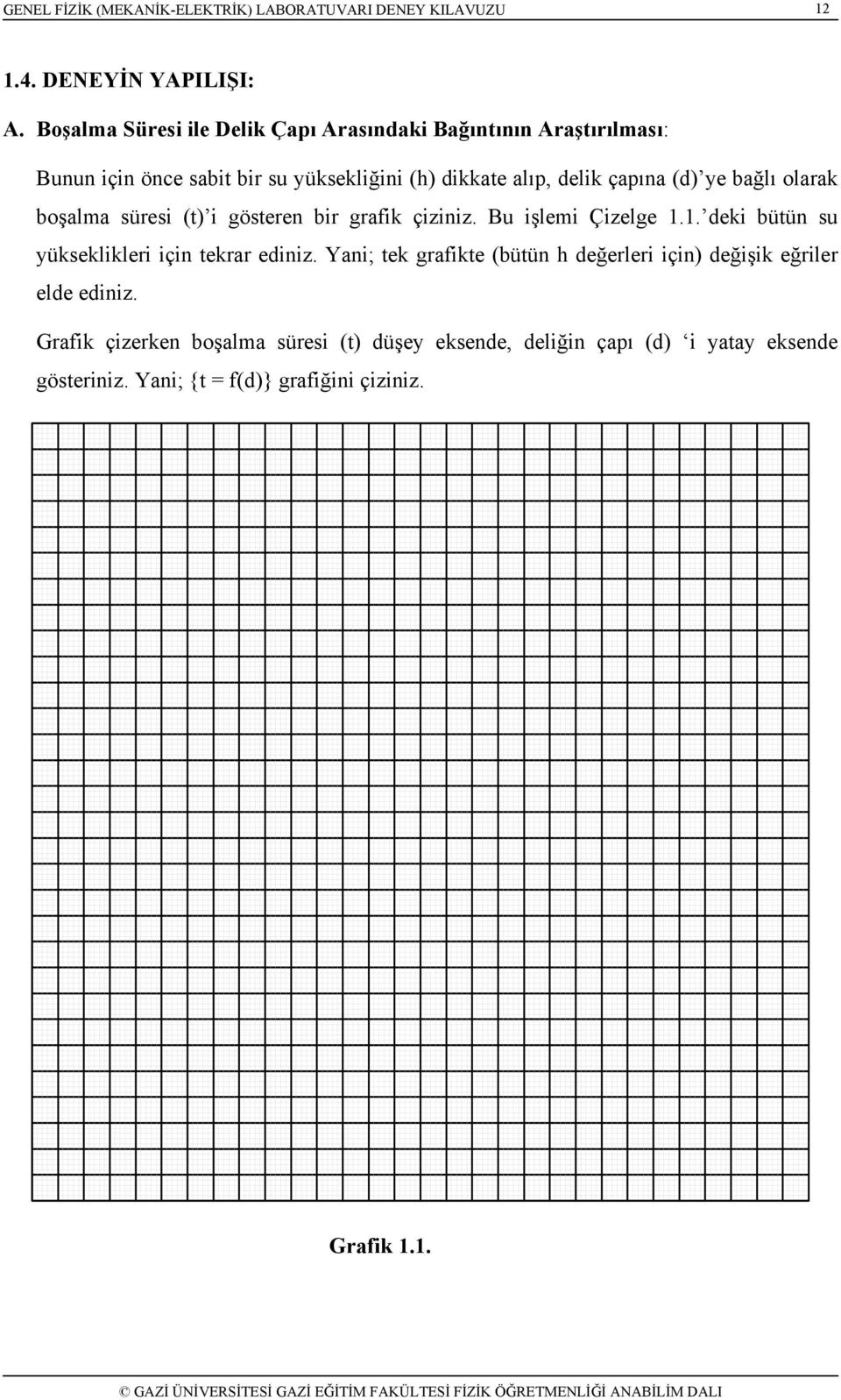 delik çapına (d) ye bağlı olarak boşalma süresi (t) i gösteren bir grafik çiziniz. Bu işlemi Çizelge 1.