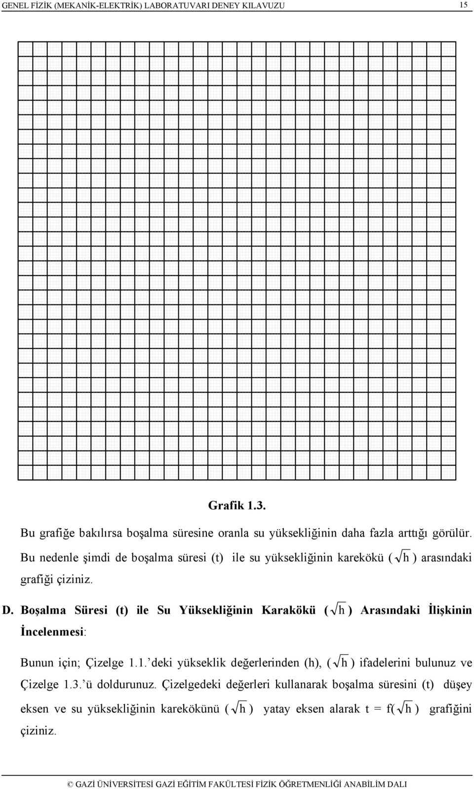 Boşalma Süresi (t) ile Su Yüksekliğinin Karakökü ( h ) Arasındaki İlişkinin İncelenmesi: Bunun için; Çizelge 1.