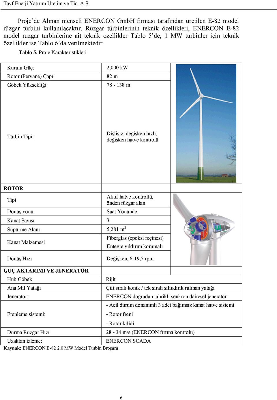 de, 1 MW türbinler için teknik özellikler ise Tablo 6 da verilmektedir. Tablo 5.