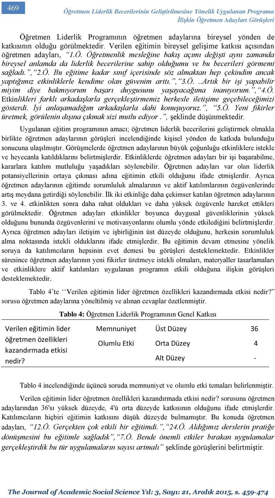 Öğretmenlik mesleğine bakış açımı değişti aynı zamanda bireysel anlamda da liderlik becerilerine sahip olduğumu ve bu becerileri görmemi sağladı., 2.Ö. Bu eğitime kadar sınıf içerisinde söz almaktan hep çekindim ancak yaptığımız etkinliklerle kendime olan güvenim arttı.