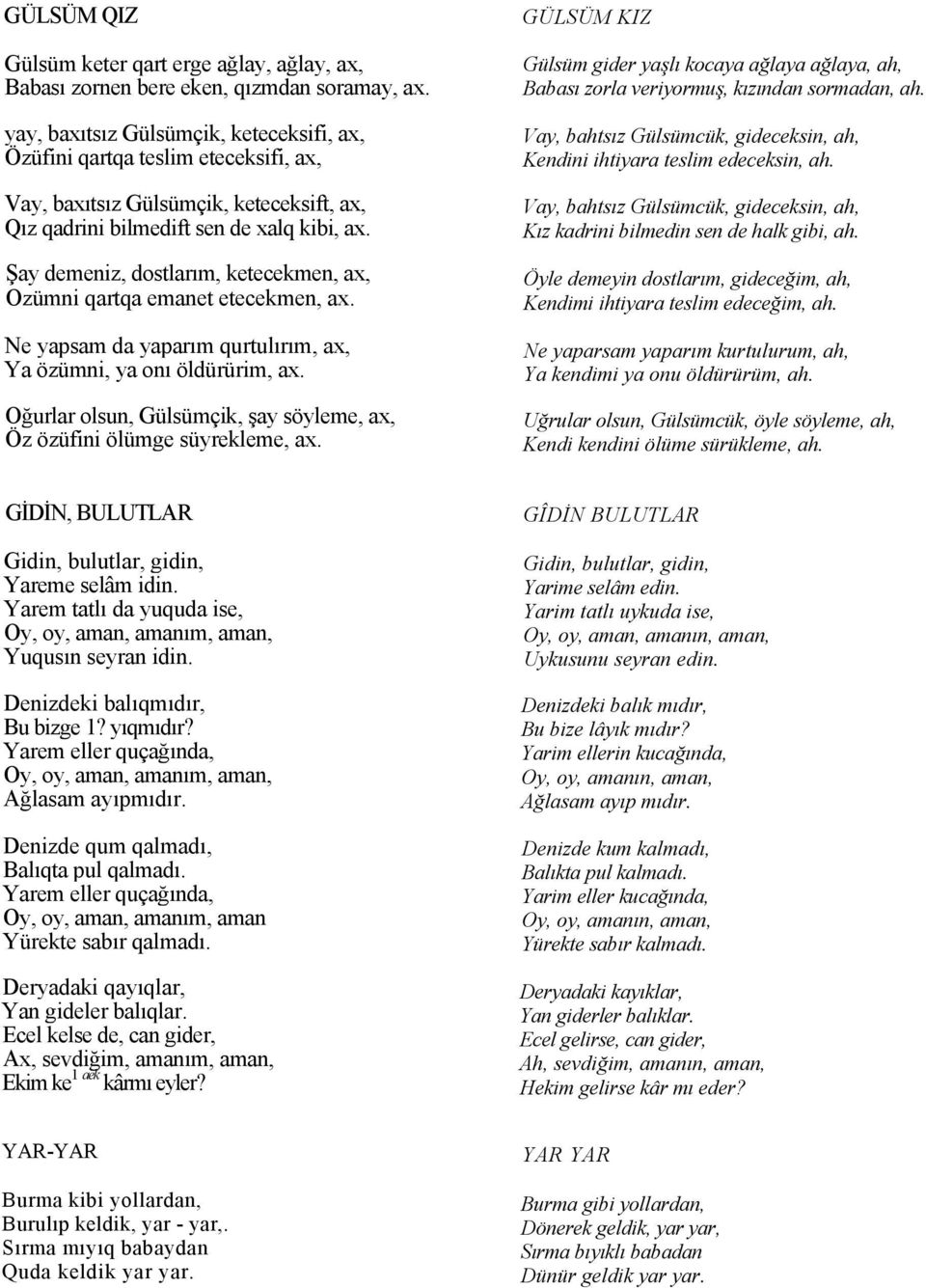 Şay demeniz, dostlarım, ketecekmen, ax, Ozümni qartqa emanet etecekmen, ax. Ne yapsam da yaparım qurtulırım, ax, Ya özümni, ya onı öldürürim, ax.