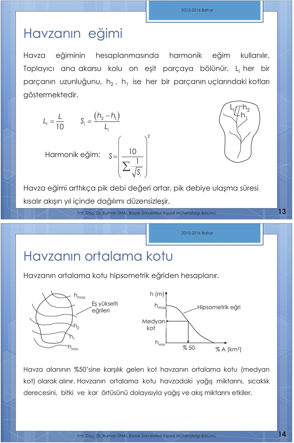 h h L i i 2 L i h 2 h 1 Yrd. Doç. Dr. Burhan ÜNAL Bozok Üniversitesi naat Mühendislii Bölümü 13 Havzanın ortalama kotu Havzanın ortalama kotu hipsometrik eğriden hesaplanır.