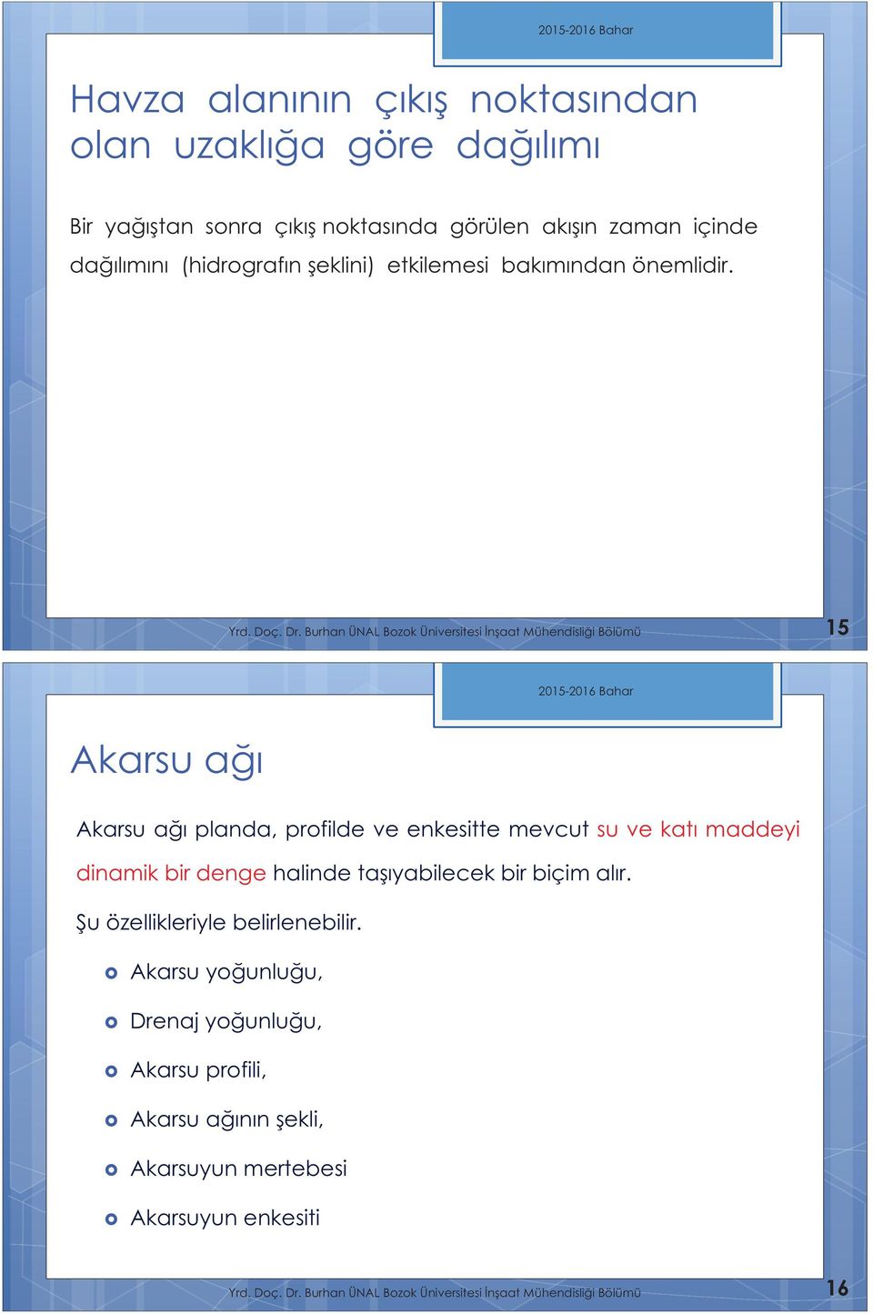 Burhan ÜNAL Bozok Üniversitesi naat Mühendislii Bölümü 15 Akarsu ağı Akarsu ağı planda, profilde ve enkesitte mevcut su ve katı maddeyi dinamik bir denge