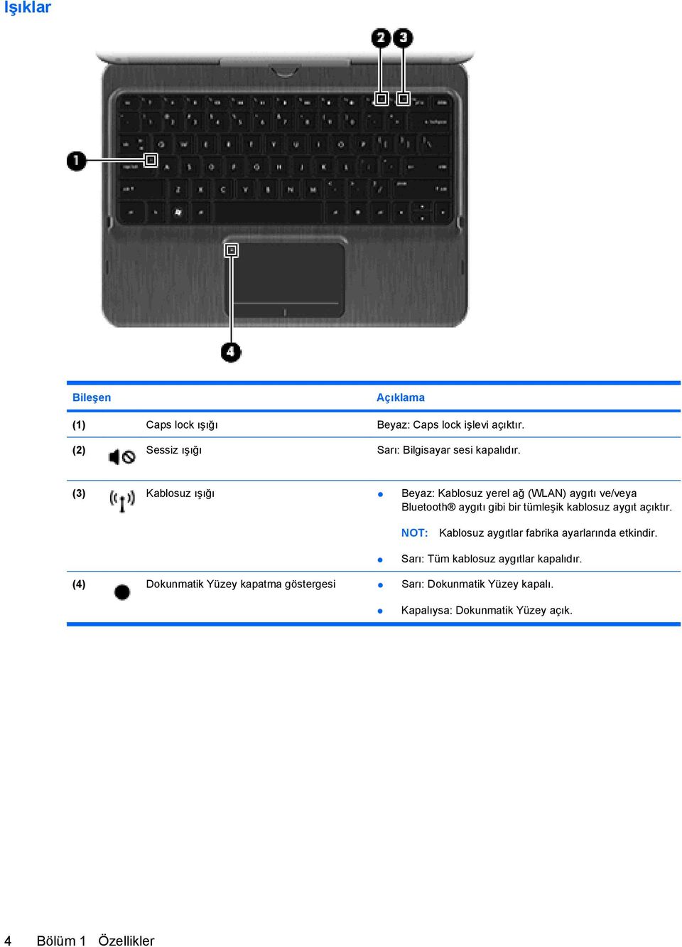 (3) Kablosuz ışığı Beyaz: Kablosuz yerel ağ (WLAN) aygıtı ve/veya Bluetooth aygıtı gibi bir tümleşik kablosuz aygıt