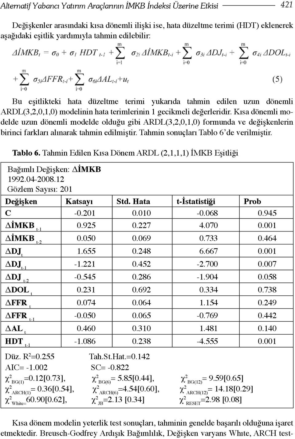 Kısa dönemli modelde uzun dönemli modelde olduğu gibi ARDL(3,2,0,1,0) formunda ve değişkenlerin birinci farkları alınarak tahmin edilmiştir. Tahmin sonuçları Tablo 6 