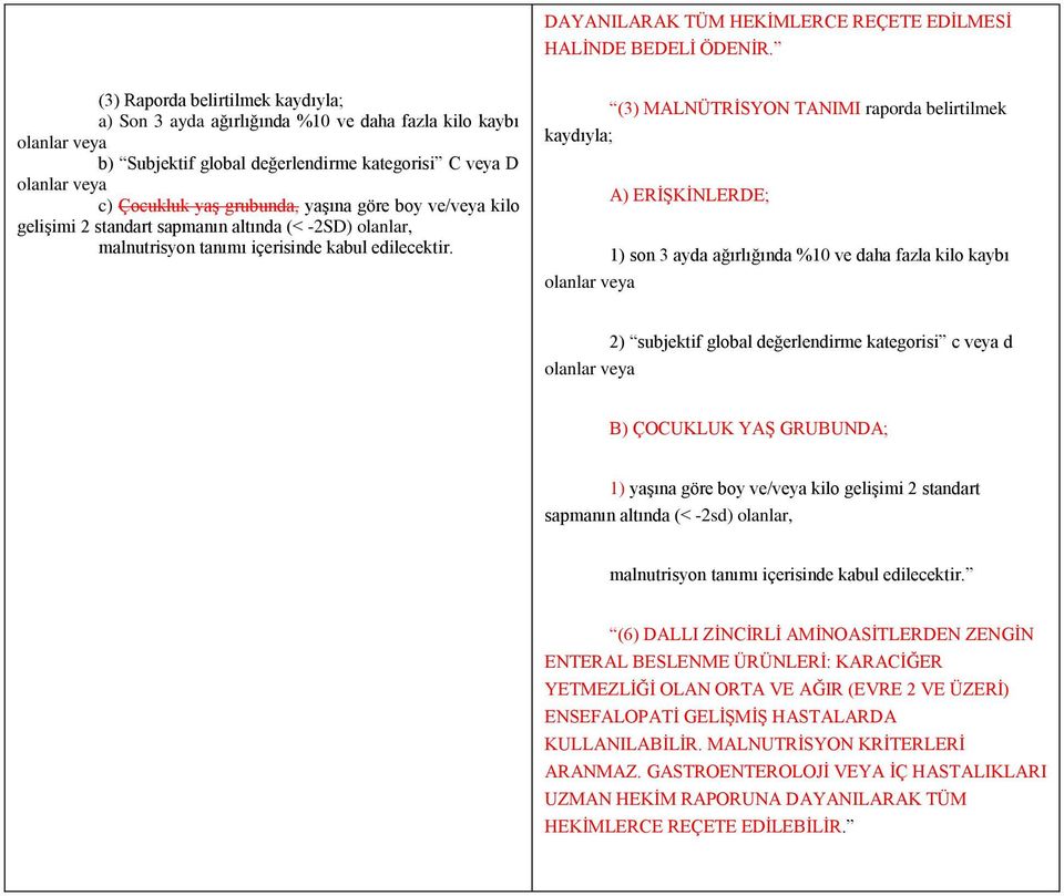 yaşına göre boy ve/veya kilo gelişimi 2 standart sapmanın altında (< -2SD) olanlar, malnutrisyon tanımı içerisinde kabul edilecektir.