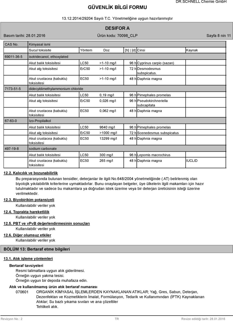 toksisitesi didecyldimethylammonium chloride Akut balık toksisitesi Akut alg toksisitesi Akut crustacea (kabuklu) toksisitesi Izo-Propilalkol Akut balık toksisitesi Akut alg toksisitesi Akut