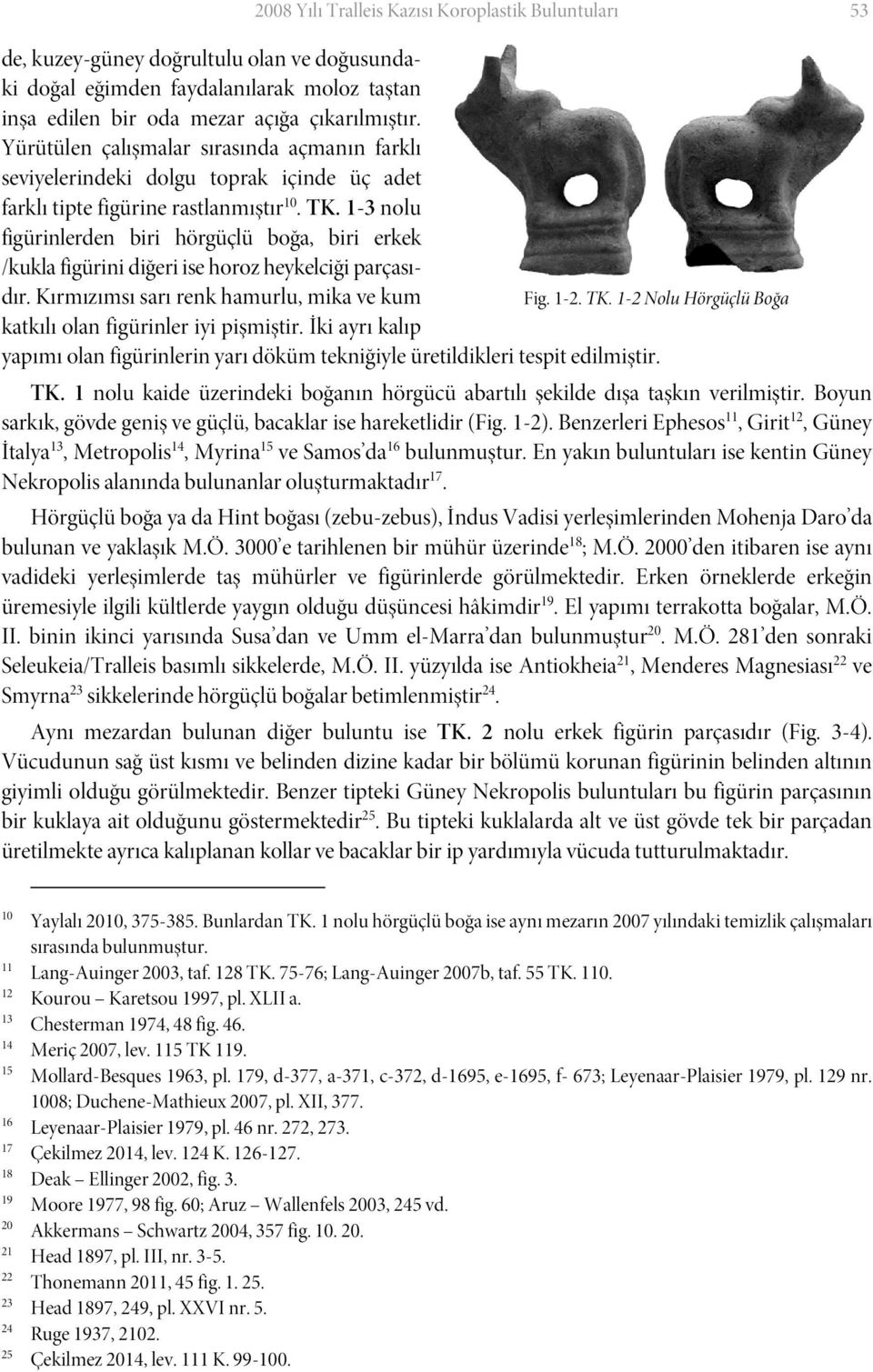 1-3 nolu figürinlerden biri hörgüçlü boğa, biri erkek /kukla figürini diğeri ise horoz heykelciği parçasıdır. Kırmızımsı sarı renk hamurlu, mika ve kum Fig. 1-2. TK.