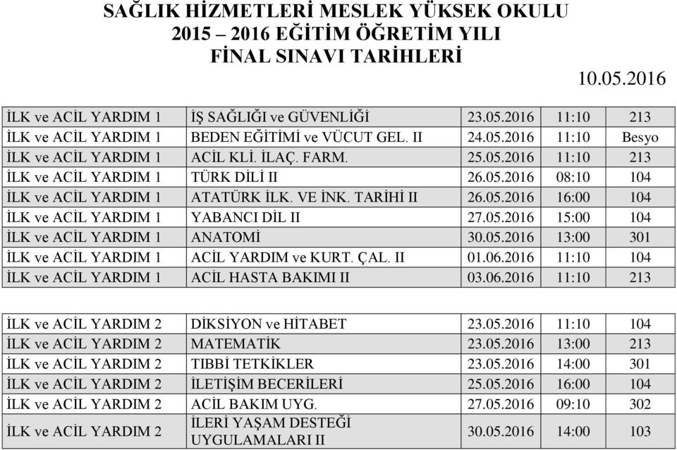 ÇAL. II 01.06.2016 11:10 104 İLK ve ACİL YARDIM 1 ACİL HASTA BAKIMI II 03.06.2016 11:10 213 İLK ve ACİL YARDIM 2 DİKSİYON ve HİTABET 23.05.2016 11:10 104 İLK ve ACİL YARDIM 2 MATEMATİK 23.05.2016 13:00 213 İLK ve ACİL YARDIM 2 TIBBİ TETKİKLER 23.