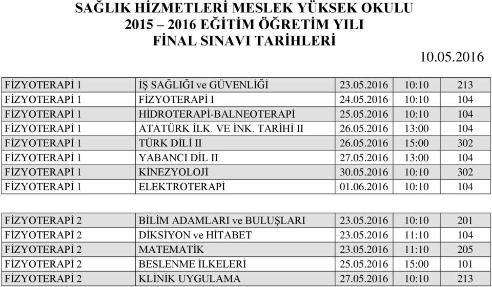 06.2016 10:10 104 FİZYOTERAPİ 2 BİLİM ADAMLARI ve BULUŞLARI 23.05.2016 10:10 201 FİZYOTERAPİ 2 DİKSİYON ve HİTABET 23.05.2016 11:10 104 FİZYOTERAPİ 2 MATEMATİK 23.05.2016 11:10 205 FİZYOTERAPİ 2 BESLENME İLKELERİ 25.